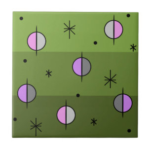 Retro Space Age Planets Stars Olive Green Tegeltje