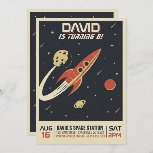 Retro Space Birthday Uitnodiging (Voorkant / Achterkant)