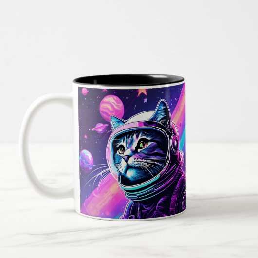 Retro Space Cat Mok – Vaporwave Galaxy Kat Koffie (Links)
