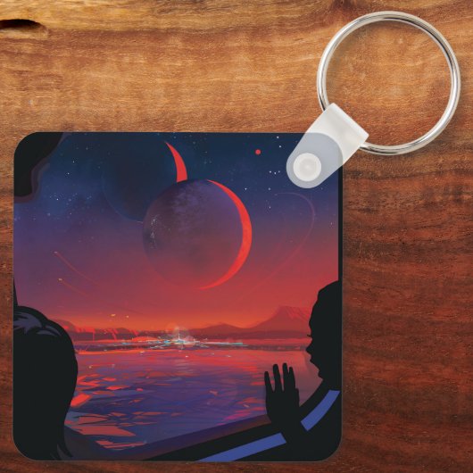 Retro Space Poster - Kijkers observeren trappist-1 Sleutelhanger (Achterkant)