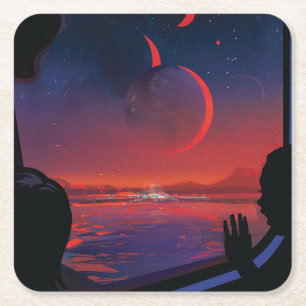 Retro Space Poster - Kijkers observeren trappist-1 Vierkante Kartonnen Onderzetter