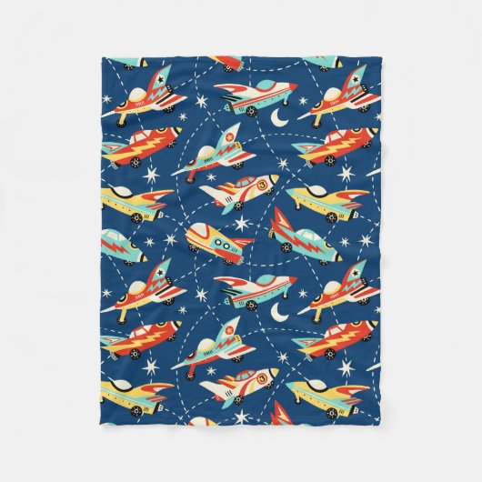 Retro Space Rocket Cars Blue Cute Kinder Pattern Fleece Deken (Voorkant)