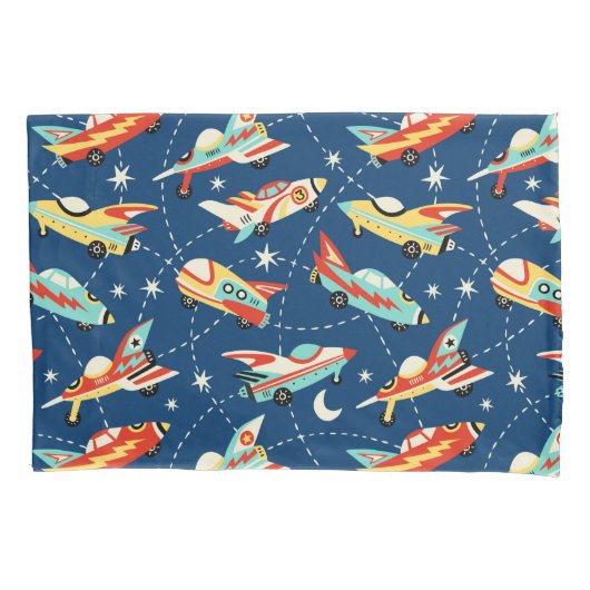 Retro Space Rocket Cars Blue Cute Kinder Pattern Kussensloop (Voorkant)