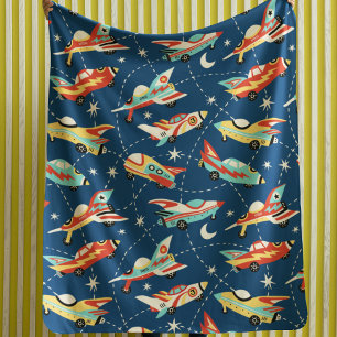 Retro Space Rocket Cars Blue Cute Kinder Pattern Sherpa Deken