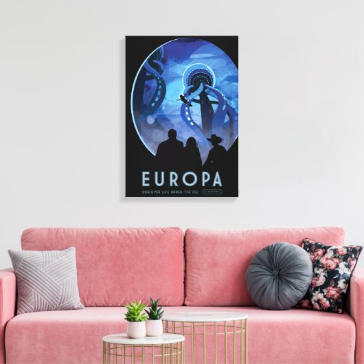 Retro Space Travel Poster - Jupiter's Moon Europa. Canvas Afdruk (Insitu (Woonkamer))