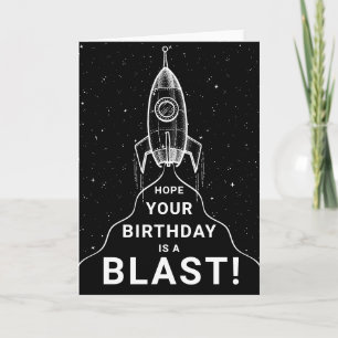 Retro Spaceship Black and White Birthday Kaart