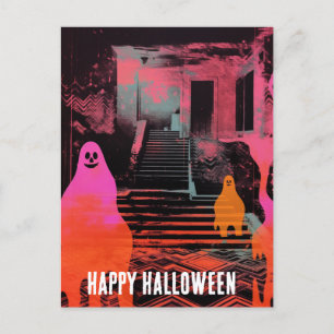 Retro spookt Halloween Huis Roze Sinaasappel Geest Briefkaart
