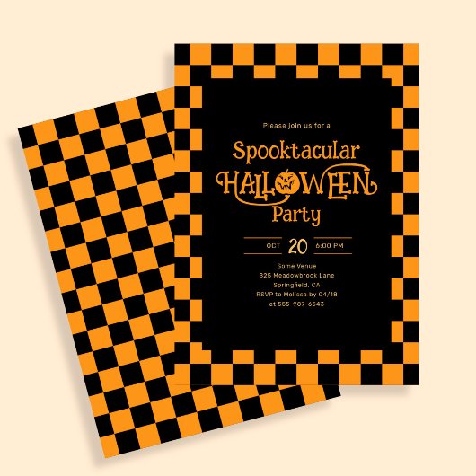 Retro Spooktacular Halloween Checkered Orange Kaart