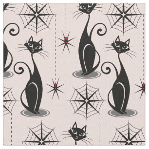 Retro Spooky Cats and Spiders op roze Stof