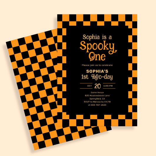 Retro Spooky One Checkered Orange 1st Birthday Kaart