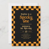 Retro Spooky One Checkered Orange 1st Birthday Kaart (Voorkant)