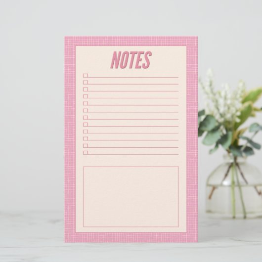 Retro Spring Hand Drawn Pink and White Grid Notes Briefpapier (Staand voorkant)
