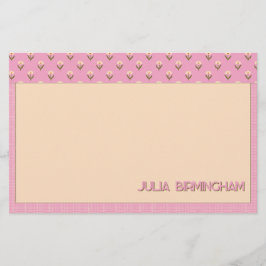 Retro Spring Hand Drawn Pink Floral and Grid Briefpapier