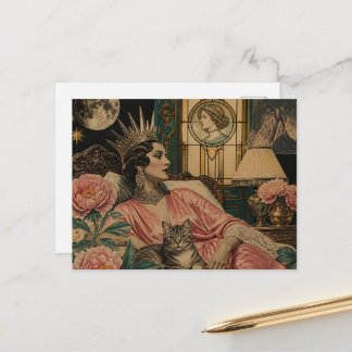 Retro Sprookjeskoningin en Haar Kat in Bed Briefkaart