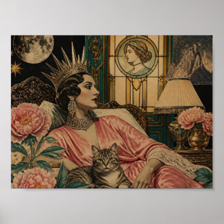 Retro Sprookjeskoningin en Haar Kat in Bed Poster