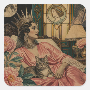 Retro Sprookjeskoningin en Haar Kat in Bed Vierkante Sticker