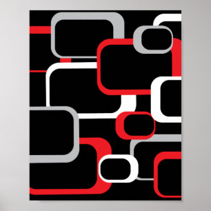 Retro Squares Patroon Red Gray White Black Poster