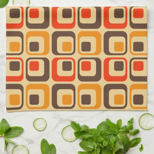 Retro Squares Patroon - Rood, bruin en Oranje Theedoek (Gevouwen)