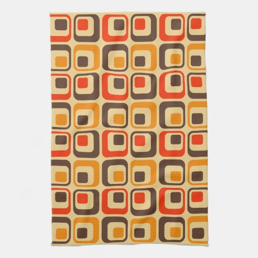 Retro Squares Patroon - Rood, bruin en Oranje Theedoek (Verticaal)