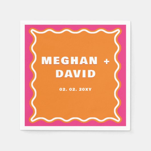 Retro Squiggle Wavy Curve Pink Oranje Weddenschap Servet (Voorkant)