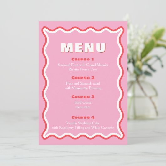 Retro Squiggle Wavy Pink Red Menu Mariage (Debout devant)