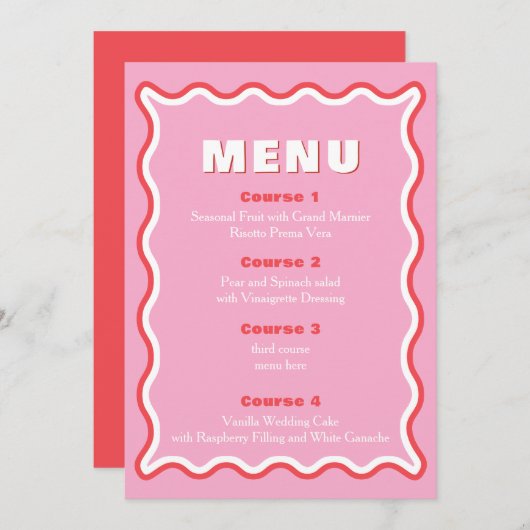 Retro Squiggle Wavy Pink Red Weduwmenu Menu (Voorkant / Achterkant)
