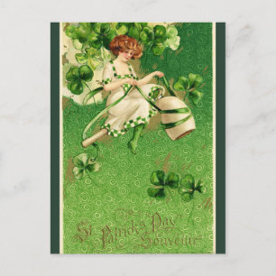 Retro St. Patrick's Day Ierse vrouw en Shamrocks Briefkaart