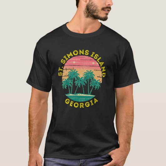 Retro St Simons Island Vacation Souvenir Palm Tree T-shirt (Voorkant)