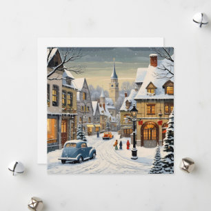 Retro stadslandschap in de winter feestdagenkaart