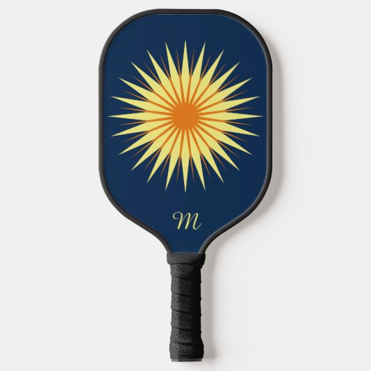 Retro Starburst Flower Monogram Navy Yellow Oranje Pickleball Paddle (Voorkant)