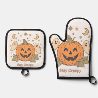 Retro Stay Griezelige Pompoen & Schattige Geesten  Ovenwant & Pannenlap Set