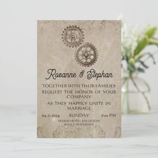 Retro Steampunk Geared voor Liefde Bruiloft Kaart (Staand voorkant)