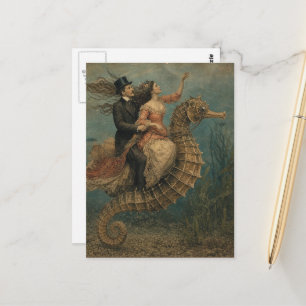 Retro stel op een zeepaardje fantasie briefkaart