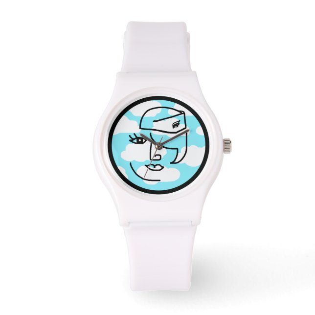 Retro Stewardess Gezicht in Wolken Custom Watch Horloge (Voorkant)