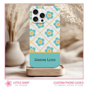 Retro stijl aqua geel bloemmotief monogram