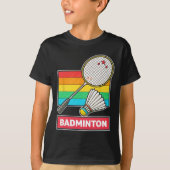 Retro stijl badminton racket en shuttle t-shirt (Voorkant)