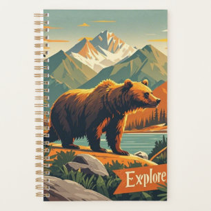 Retro-stijl beer cartoon en bergketen Poster Planner