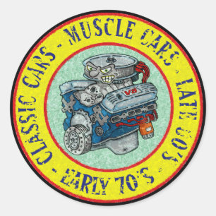RETRO STIJL CARTOON CLASSIC V-8 MOTOR RONDE STICKER