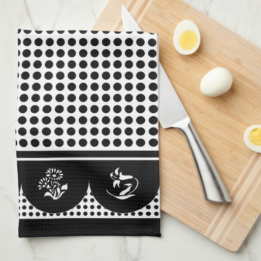 Retro  stijl grijs zwart polka dot scallop theedoek (Quarter Fold)