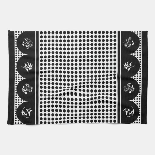 Retro  stijl grijs zwart polka dot scallop theedoek (Horizontaal)