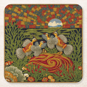 Retro Stijl Groene Tapijt Exotische Vogels Vierkante Kartonnen Onderzetter