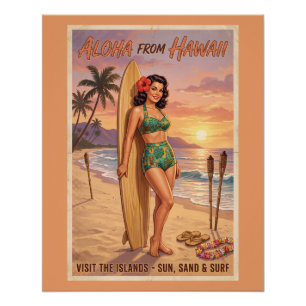 Retro Stijl Hawaïaanse Vrouw Pin Up Perfect Poster