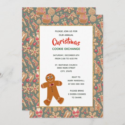 Retro stijl kerstkoekjes uitwisseling feestje kaart (Voorkant / Achterkant)