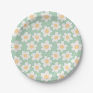 Retro stijl madeliefjes in bloei op groene achterg papieren bordje