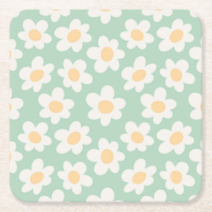 Retro stijl madeliefjes in bloei op groene achterg vierkante kartonnen onderzetter