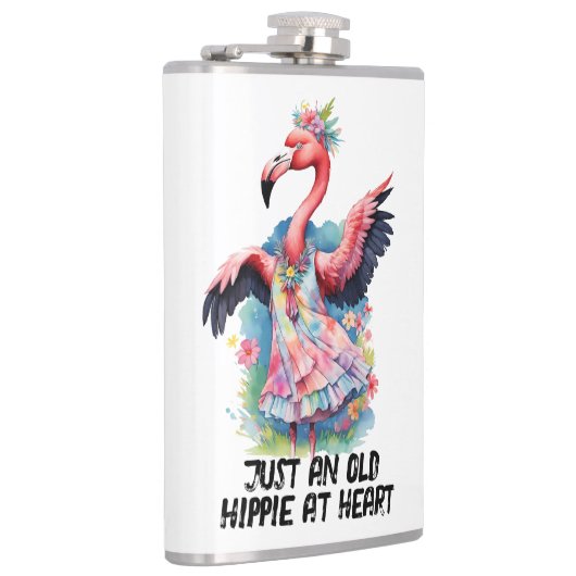 Retro stijl oude hippie in hart dansen flamingo heupfles (Rechts)