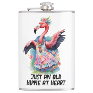 Retro stijl oude hippie in hart dansen flamingo heupfles