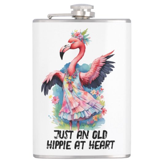 Retro stijl oude hippie in hart dansen flamingo heupfles (Voorkant)