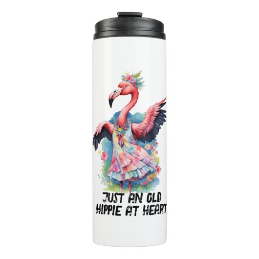 Retro stijl oude hippie in hart dansen flamingo thermosbeker (Voorkant)