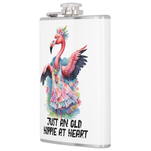 Retro Stijl Ouwe Hippie van Hart Dansende Flamingo Heupfles (Links)